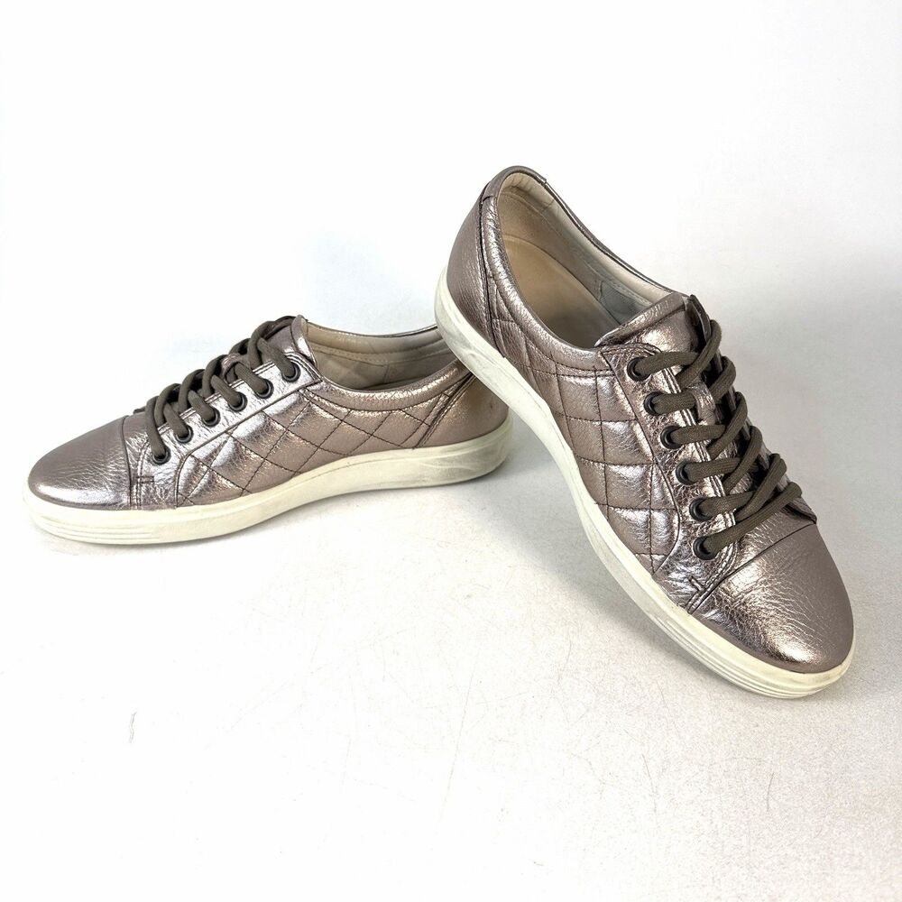 Ecco Womens Soft7 Sneaker Shoes Size 40 US 9-9.5 Silver Metallic Quilted Lace Up